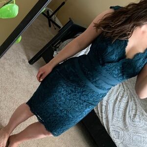 Tadashi Shoji teal lace overlay gown size 6